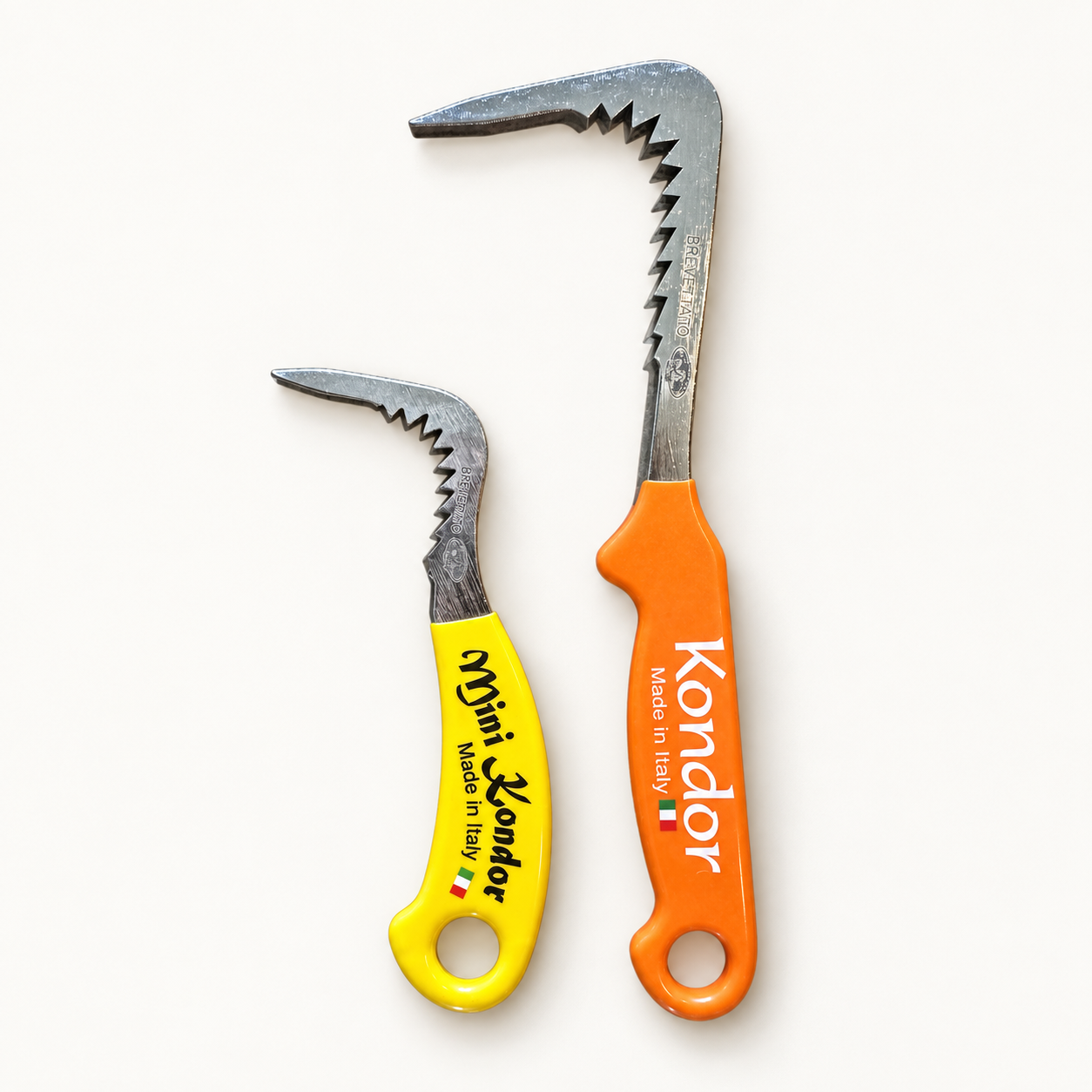 Duo de griffes de cavage Kondor : Mini jaune et grande orange, fabrication artisanale italienne.
