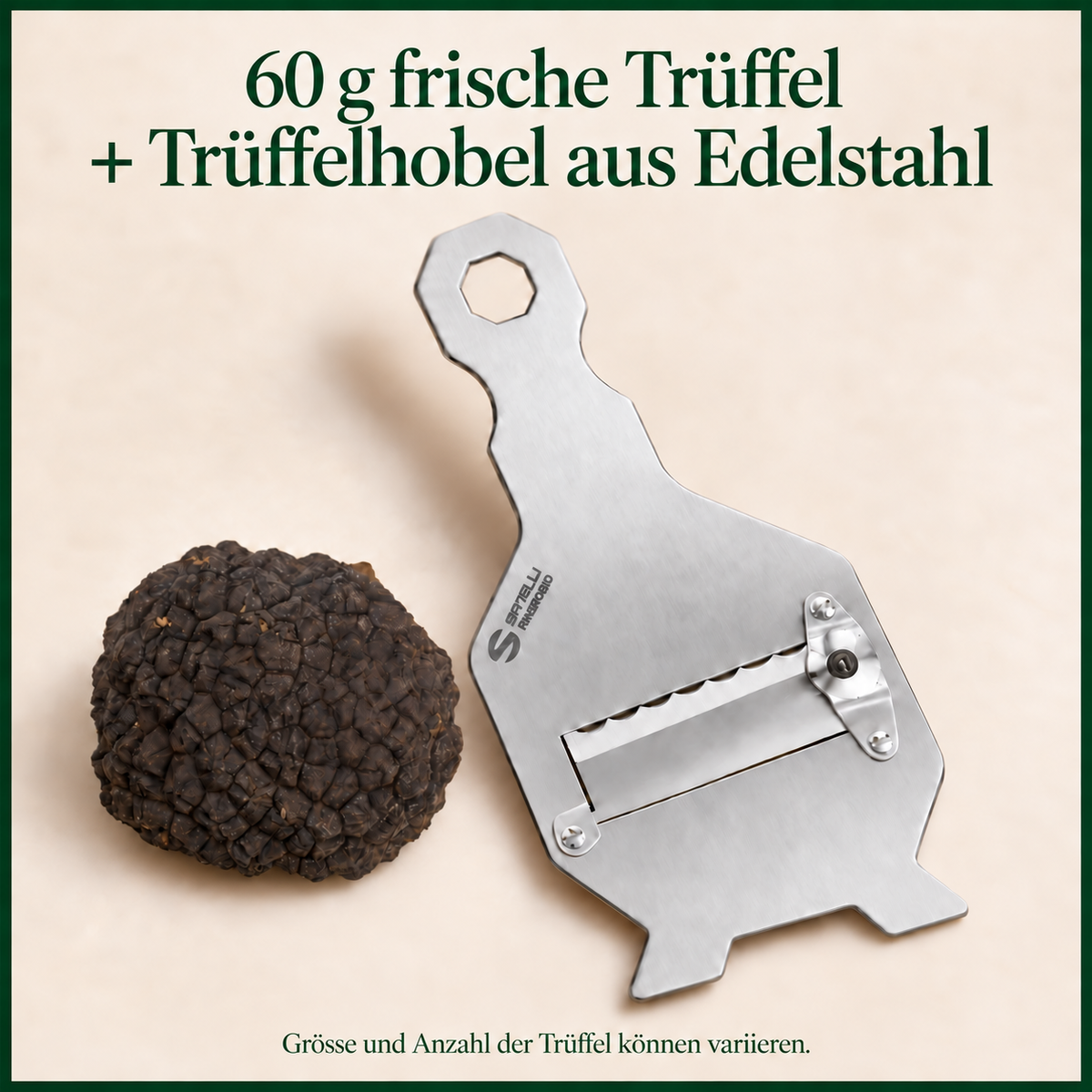 Entdecker-Set: 60 g frische Trüffel und ein Edelstahlhobel. Anzahl und Grösse der Trüffel können variieren.
