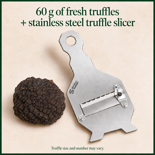 Discovery Pack: 60 g of fresh truffles and a stainless steel slicer. Truffle size and number may vary.