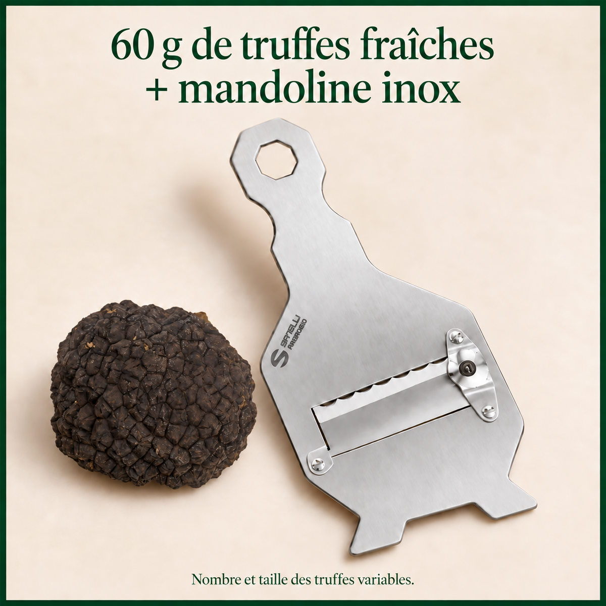 Pack découverte : 60 g de truffes fraîches et mandoline inox. Nombre et taille des truffes variables.