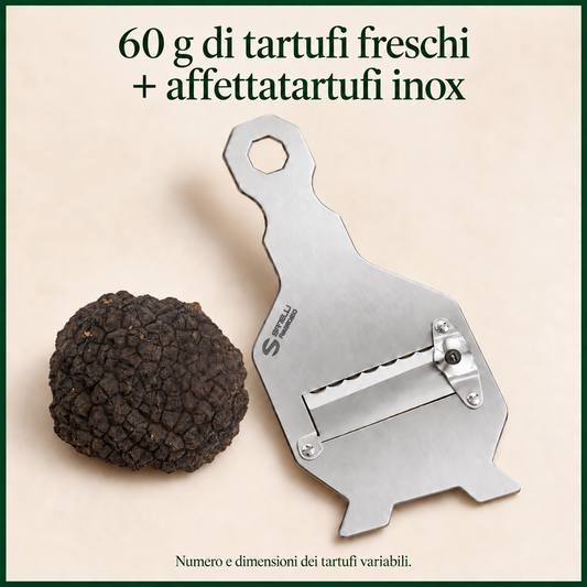 Kit scoperta: 60 g di tartufi freschi e affettatartufi in acciaio inox. Numero e dimensioni dei tartufi variabili.