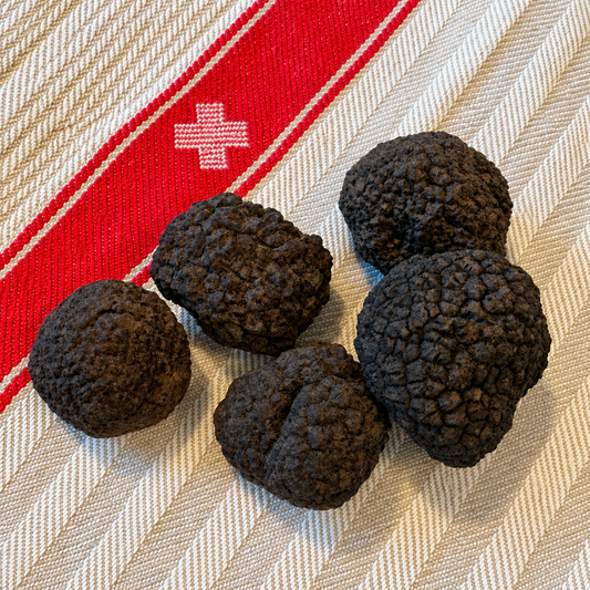 Cinq truffes Tuber uncinatum pour l’entraînement au cavage sur un torchon à croix suisse